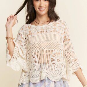 Davi and Dani Solid 3/4 Sleeves Crochet Lace Top Blouse